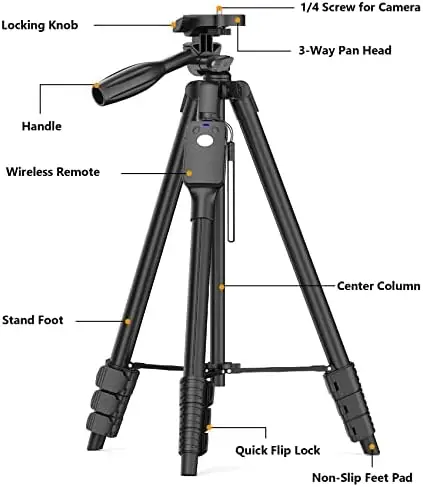 XXZU 60" Camera Tripod with Travel Bag,Cell Phone Tripod with Remote,Professional Aluminum Portable Tripod Stand with Phone Tripod Mount&1/4”Screw,Compatible with Phone/Camera/Projector/DSLR/SLR - Image 8