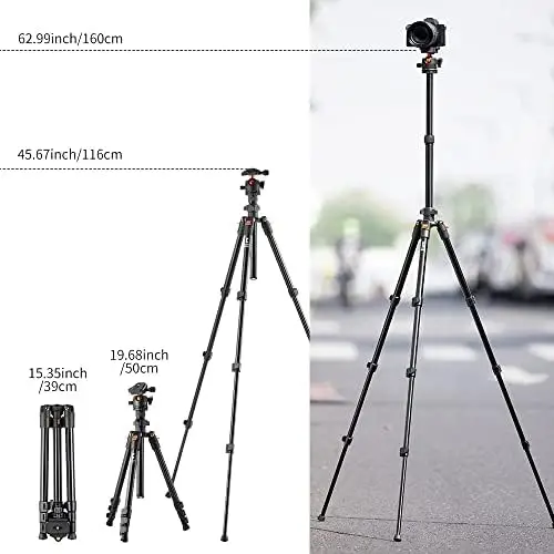 K&F Concept 64 inch/163cm Camera Tripod,Lightweight Aluminum Travel Outdoor Tripods with 360 Degree Ball Head Load Capacity 8kg/17.6lbs,Quick Release Plate, for DSLR Cameras K234A0+BH-28L - Image 8