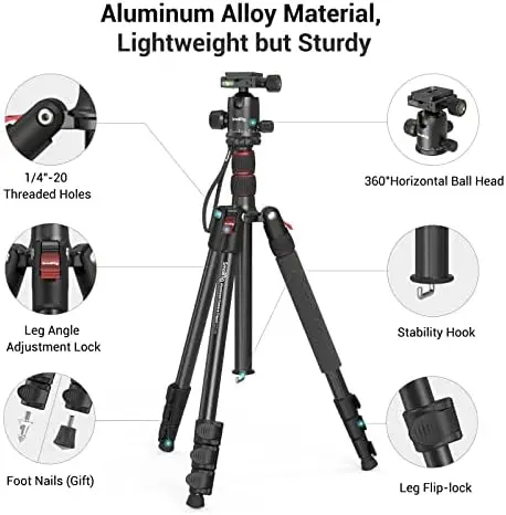 SmallRig 71" Camera Tripod, Foldable Aluminum Tripod & Monopod, 360°Ball Head Detachable, Payload 33lb, Adjustable Height from 16" to 71" for Camera, Phone-3935 - Image 4