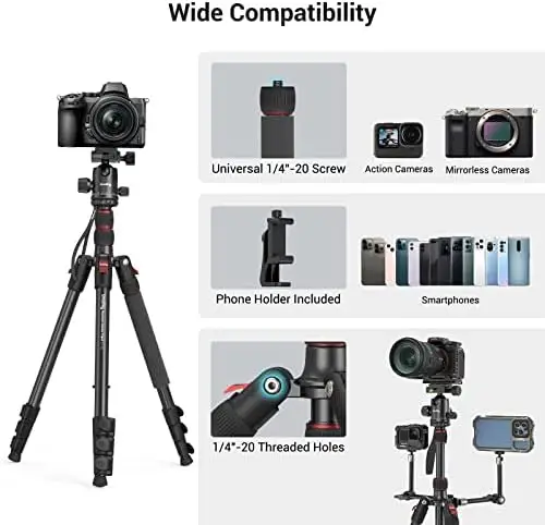 SmallRig 71" Camera Tripod, Foldable Aluminum Tripod & Monopod, 360°Ball Head Detachable, Payload 33lb, Adjustable Height from 16" to 71" for Camera, Phone-3935 - Image 7