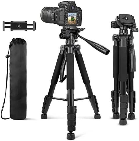 Aureday 74’’ Camera Tripod with Travel Bag,Cell Phone Tripod with Wireless Remote and Phone Holder, Compatible with DSLR Cameras,Cell Phones,Projector,Webcam,Spotting Scopes(Black)