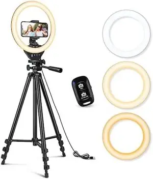 Sensyne 10'' Ring Light with 50'' Extendable Tripod Stand, LED Circle Lights with Phone Holder for Live Stream/Makeup/YouTube Video/TikTok, Compatible with All Phones