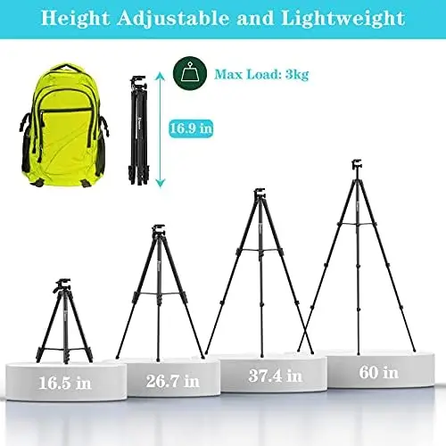 KINGJUE 60'' Camera Phone Tripod Stand Compatible with Canon Nikon DSLR with Universal Tablet Phone Holder Remote Shutter Bubble Level and Carry Bag Max Load 6.6LB - Image 6