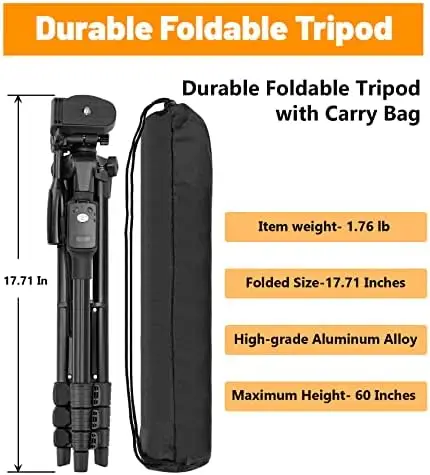 XXZU 60" Camera Tripod with Travel Bag,Cell Phone Tripod with Remote,Professional Aluminum Portable Tripod Stand with Phone Tripod Mount&1/4”Screw,Compatible with Phone/Camera/Projector/DSLR/SLR - Image 3