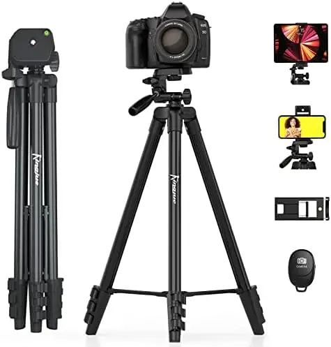 KINGJUE 60'' Camera Phone Tripod Stand Compatible with Canon Nikon DSLR with Universal Tablet Phone Holder Remote Shutter Bubble Level and Carry Bag Max Load 6.6LB