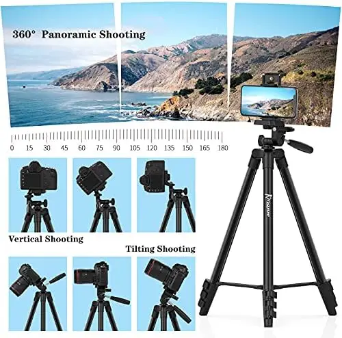 KINGJUE 60'' Camera Phone Tripod Stand Compatible with Canon Nikon DSLR with Universal Tablet Phone Holder Remote Shutter Bubble Level and Carry Bag Max Load 6.6LB - Image 2