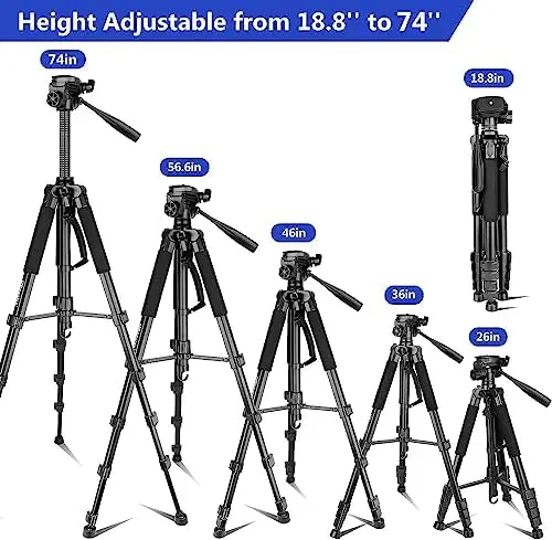 Aureday 74’’ Camera Tripod with Travel Bag,Cell Phone Tripod with Wireless Remote and Phone Holder, Compatible with DSLR Cameras,Cell Phones,Projector,Webcam,Spotting Scopes(Black) - Image 2