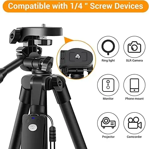 XXZU 60" Camera Tripod with Travel Bag,Cell Phone Tripod with Remote,Professional Aluminum Portable Tripod Stand with Phone Tripod Mount&1/4”Screw,Compatible with Phone/Camera/Projector/DSLR/SLR - Image 5