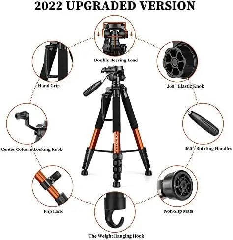 Tripod Camera Tripods, 74" Tripod Stand for Camera Phone, Heavy Duty Portable Travel Tripod, Laser Level Spotting Scope Binocular DSLR Cameras Tripod, Max Load 15 LB - Image 5