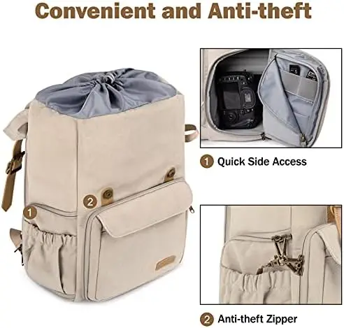 BAGSMART Camera Backpack, DSLR Camera Bag, Waterproof Camera Bag Backpack for Photographers, Fit up to 15" Laptop with Rain Cover and Tripod Holder, Ivory White - Image 4