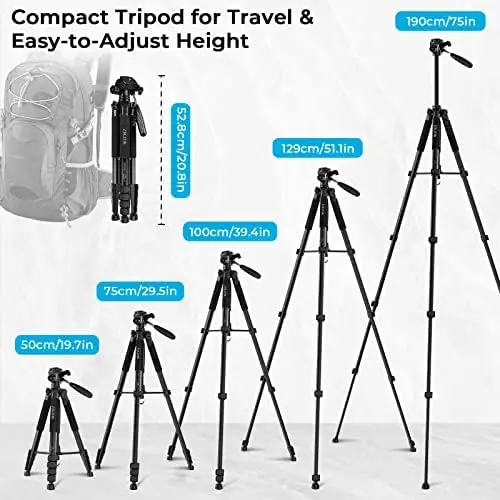 ZIKZOK 75 Inch Camera Tripod, Lightweight Travel Aluminum Cell Phone Video Tripod for DSLR/SLR/DV/GoPro/iPhone with Bag (Weight 2.8Lbs/Load 11Lbs) - Image 3