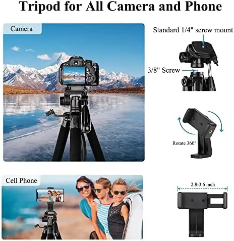 VICTIV Tripod 74” Camera Tripod for Cell Phone, Aluminum Professional Heavy Duty Camera Tripod Stand, Tripod for Camera DSLR SLR with Carry Bag, Compatible with Canon Nikon iPhone - Image 3