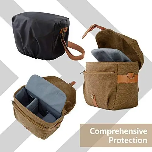 BAGSMART Camera Bag, SLR DSLR Canvas Camera Case, Vintage Padded Camera Shoulder Bag with Rain Cover for Women and Men, Khaki - Image 3