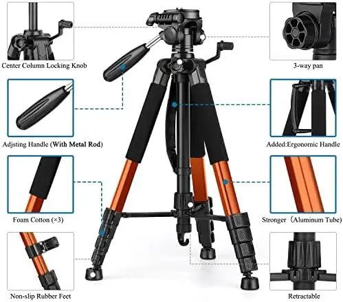 VICTIV Tripod 74” Camera Tripod for Cell Phone, Aluminum Professional Heavy Duty Camera Tripod Stand, Tripod for Camera DSLR SLR with Carry Bag, Compatible with Canon Nikon iPhone - Image 6