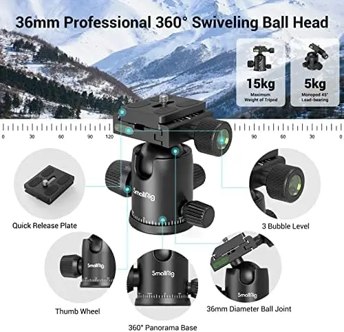 SmallRig 71" Camera Tripod, Foldable Aluminum Tripod & Monopod, 360°Ball Head Detachable, Payload 33lb, Adjustable Height from 16" to 71" for Camera, Phone-3935 - Image 3