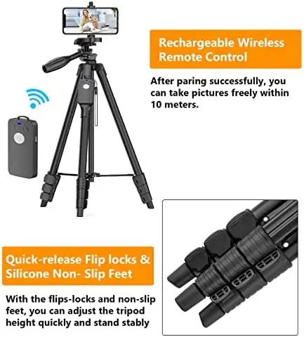 XXZU 60" Camera Tripod with Travel Bag,Cell Phone Tripod with Remote,Professional Aluminum Portable Tripod Stand with Phone Tripod Mount&1/4”Screw,Compatible with Phone/Camera/Projector/DSLR/SLR - Image 6