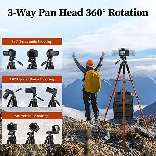 Tripod Camera Tripods, 74" Tripod Stand for Camera Phone, Heavy Duty Portable Travel Tripod, Laser Level Spotting Scope Binocular DSLR Cameras Tripod, Max Load 15 LB - Image 2