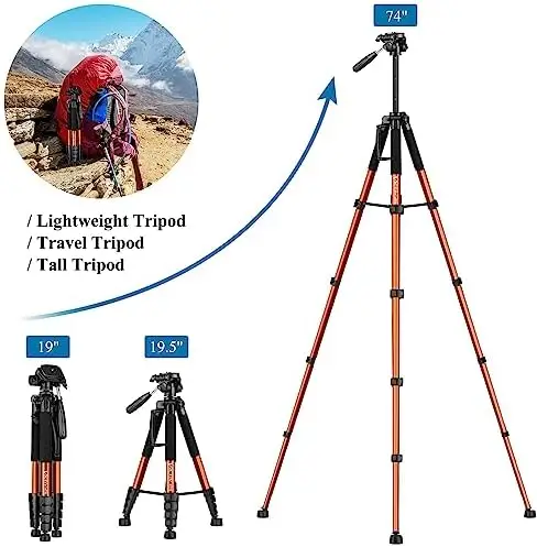 VICTIV Tripod 74” Camera Tripod for Cell Phone, Aluminum Professional Heavy Duty Camera Tripod Stand, Tripod for Camera DSLR SLR with Carry Bag, Compatible with Canon Nikon iPhone - Image 2