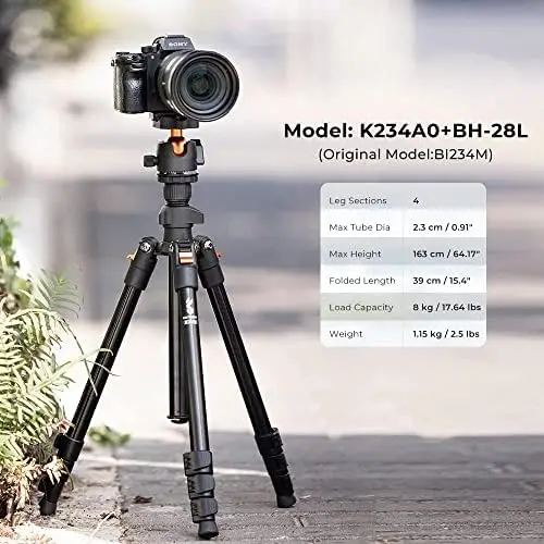 K&F Concept 64 inch/163cm Camera Tripod,Lightweight Aluminum Travel Outdoor Tripods with 360 Degree Ball Head Load Capacity 8kg/17.6lbs,Quick Release Plate, for DSLR Cameras K234A0+BH-28L - Image 2