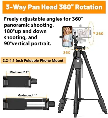 XXZU 60" Camera Tripod with Travel Bag,Cell Phone Tripod with Remote,Professional Aluminum Portable Tripod Stand with Phone Tripod Mount&1/4”Screw,Compatible with Phone/Camera/Projector/DSLR/SLR - Image 4