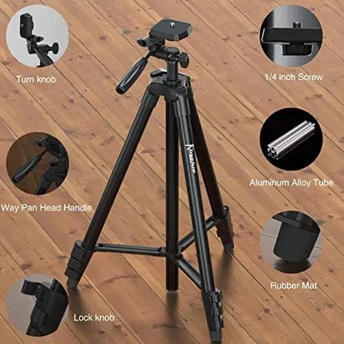 KINGJUE 60'' Camera Phone Tripod Stand Compatible with Canon Nikon DSLR with Universal Tablet Phone Holder Remote Shutter Bubble Level and Carry Bag Max Load 6.6LB - Image 8