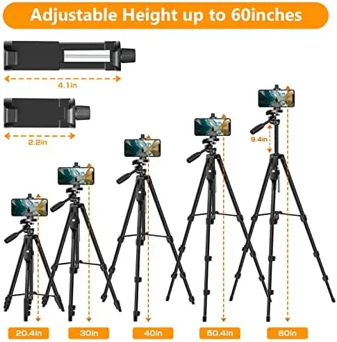 XXZU 60" Camera Tripod with Travel Bag,Cell Phone Tripod with Remote,Professional Aluminum Portable Tripod Stand with Phone Tripod Mount&1/4”Screw,Compatible with Phone/Camera/Projector/DSLR/SLR - Image 2