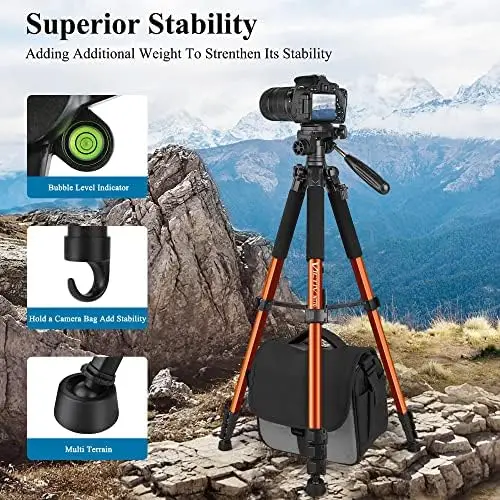 VICTIV Tripod 74” Camera Tripod for Cell Phone, Aluminum Professional Heavy Duty Camera Tripod Stand, Tripod for Camera DSLR SLR with Carry Bag, Compatible with Canon Nikon iPhone - Image 7
