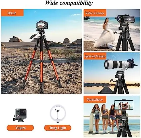VICTIV Tripod 74” Camera Tripod for Cell Phone, Aluminum Professional Heavy Duty Camera Tripod Stand, Tripod for Camera DSLR SLR with Carry Bag, Compatible with Canon Nikon iPhone - Image 5